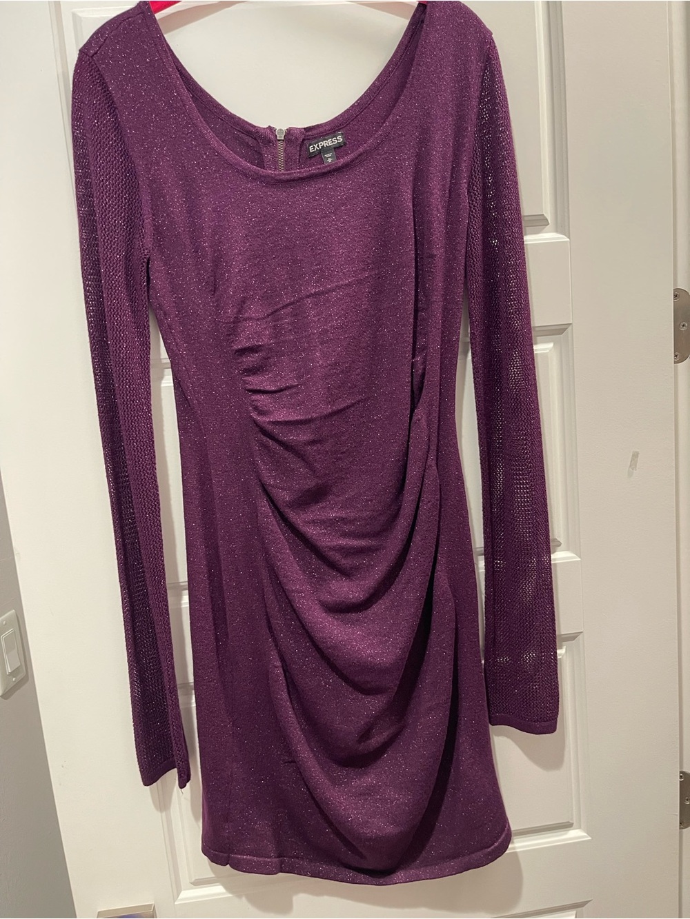 Express Plum Sparkle Ruched Long-Sleeve Dress